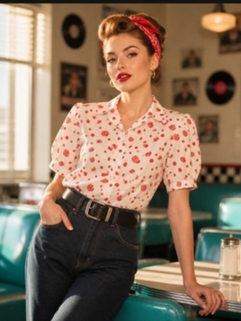 Vintage-Inspired White & Red Heart Print Puff-Sleeve Top